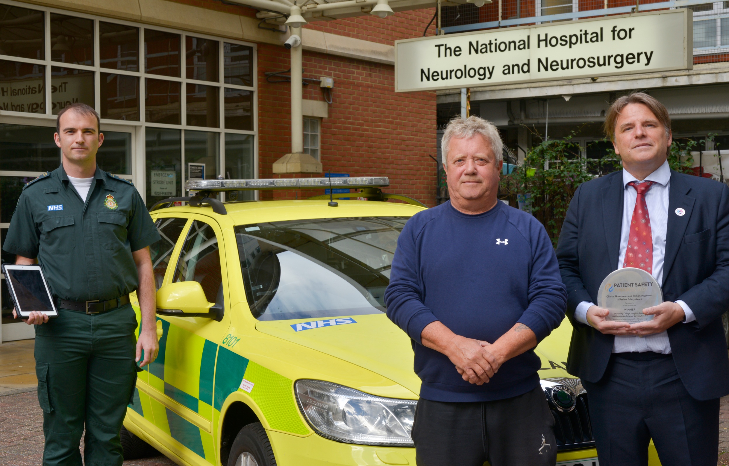 Award winning stroke video triage partnership between UCLH and LAS. L-R Patrick Hunter, patient Michael Dukelow, Dr Rob Simister.jpg